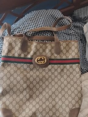 Gucci Beige Brown GG Canvas Tote with Red-Green Web and Gold Hardware